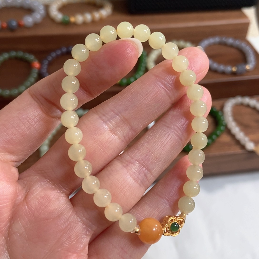 和田玉手链银S925镶嵌福利6mm黄口