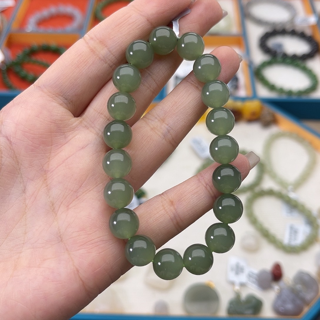 和田玉未镶嵌手链w35冰湖水猫眼10mm