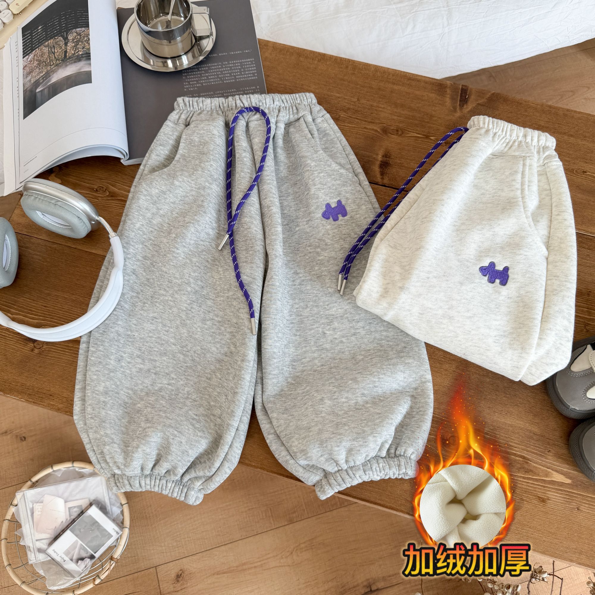 【加绒加厚】儿童韩系刺绣卫裤秋冬男女宝新款收口裤洋气潮