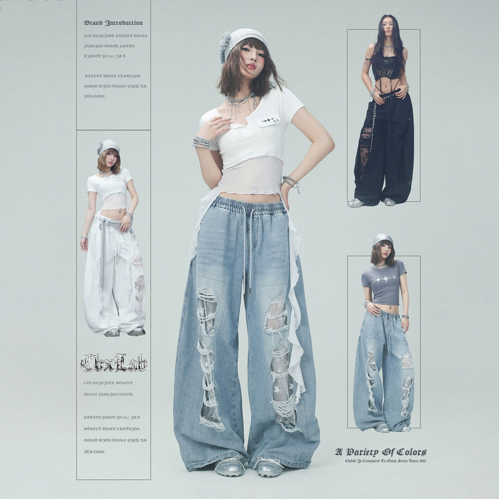 【达人专属】CBXLAB街舞潮牌牛仔贴布破洞长裤阔腿牛仔欧美宽松牛仔