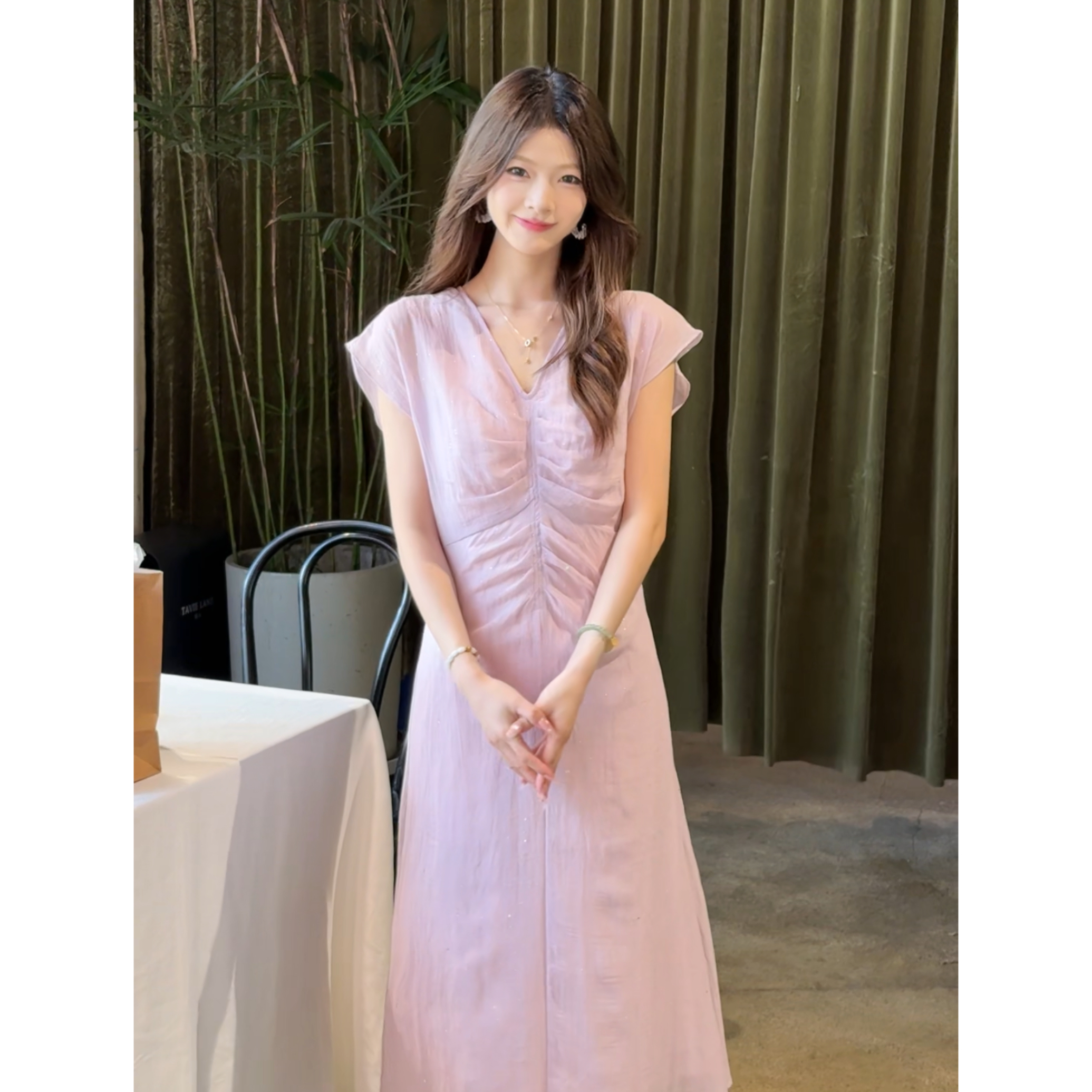 Basic House/百家好夏季新款气质优雅时尚百搭短袖连衣裙女