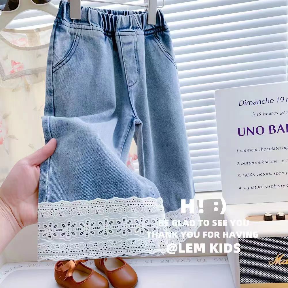 女童裤子春秋新款2024儿童女宝宝牛仔裤小女孩蕾丝花边宽松百搭潮
