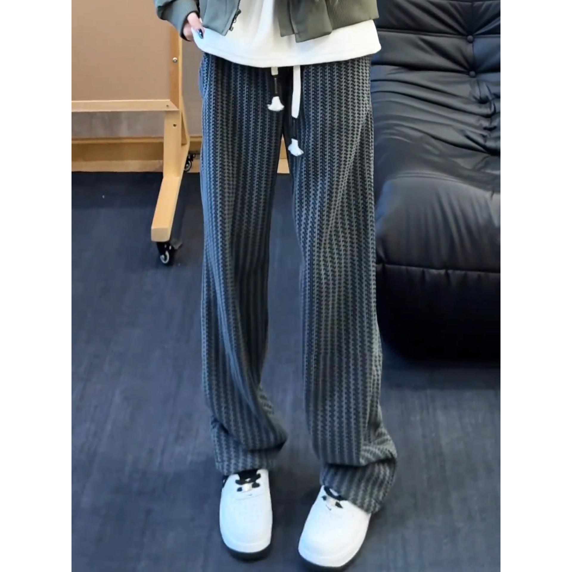 鱼骨纹小香风裤子男款秋冬季加绒加厚重磅针织卫裤宽松直筒休闲裤