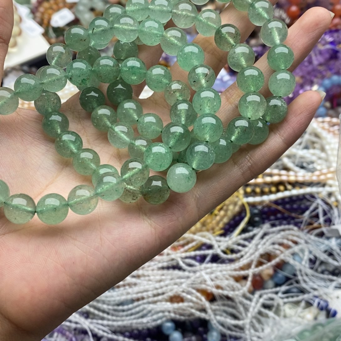 未镶嵌玛瑙/玉髓珠宝半成品10mm天然绿草莓晶圆珠手链