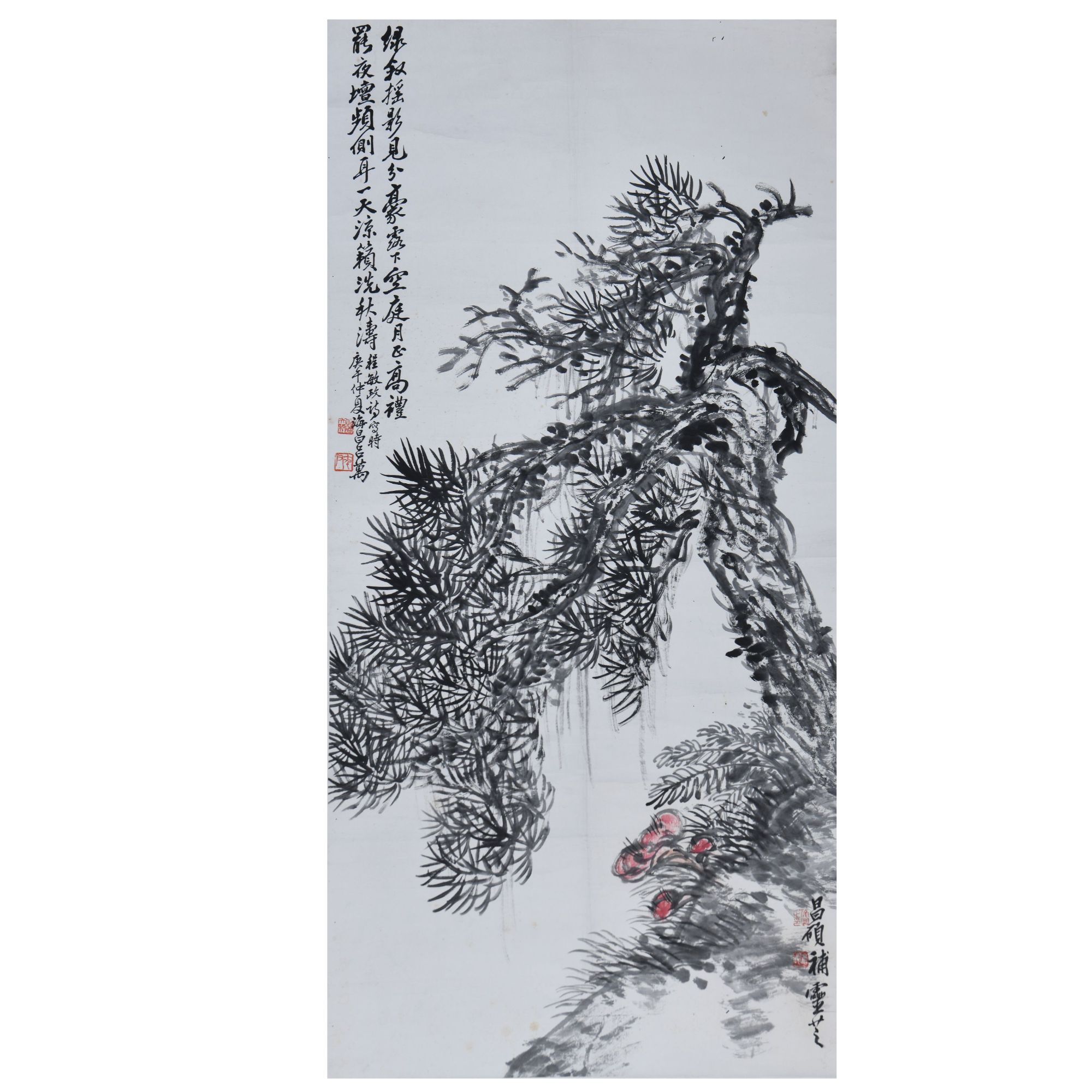 LOT.054吕万【松树灵芝】纸本立轴B0501-418预展手绘美术品