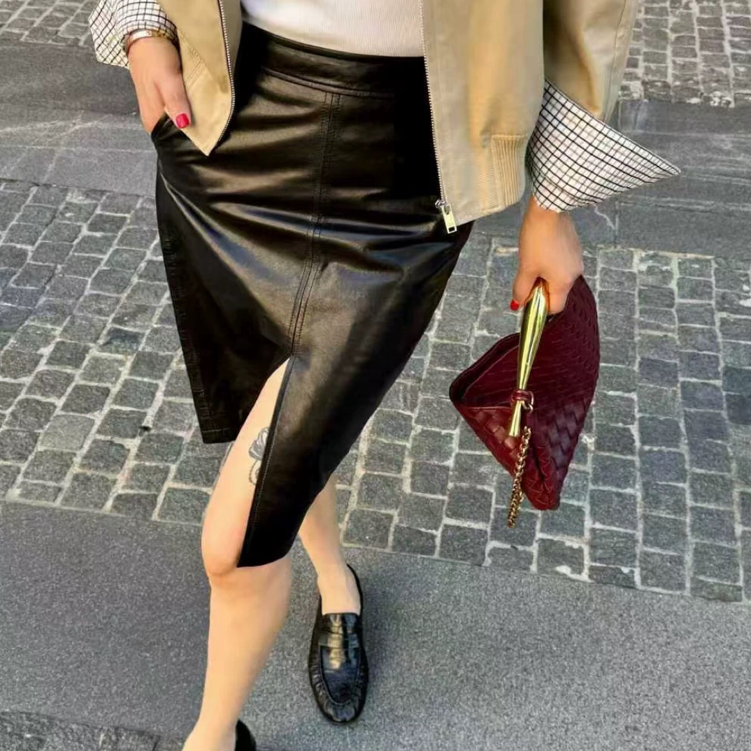2025新款复古时髦三色进口软糯细腻小羊皮时尚百搭前开叉半身裙