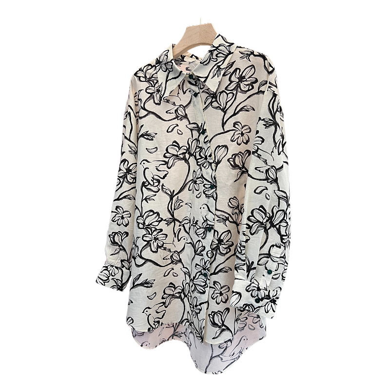 水墨雀之语 印花长袖圆领衬衫设计感时尚小衫女装夏季衬衣上衣