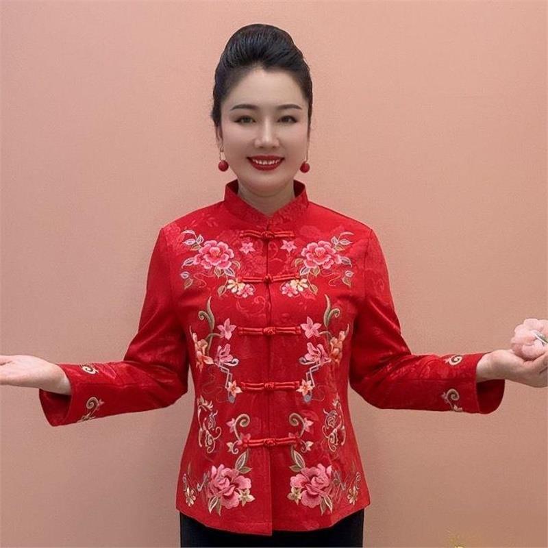 秋款中国风外套民族风女装短款外套立领唐装绣花上衣妈妈装女