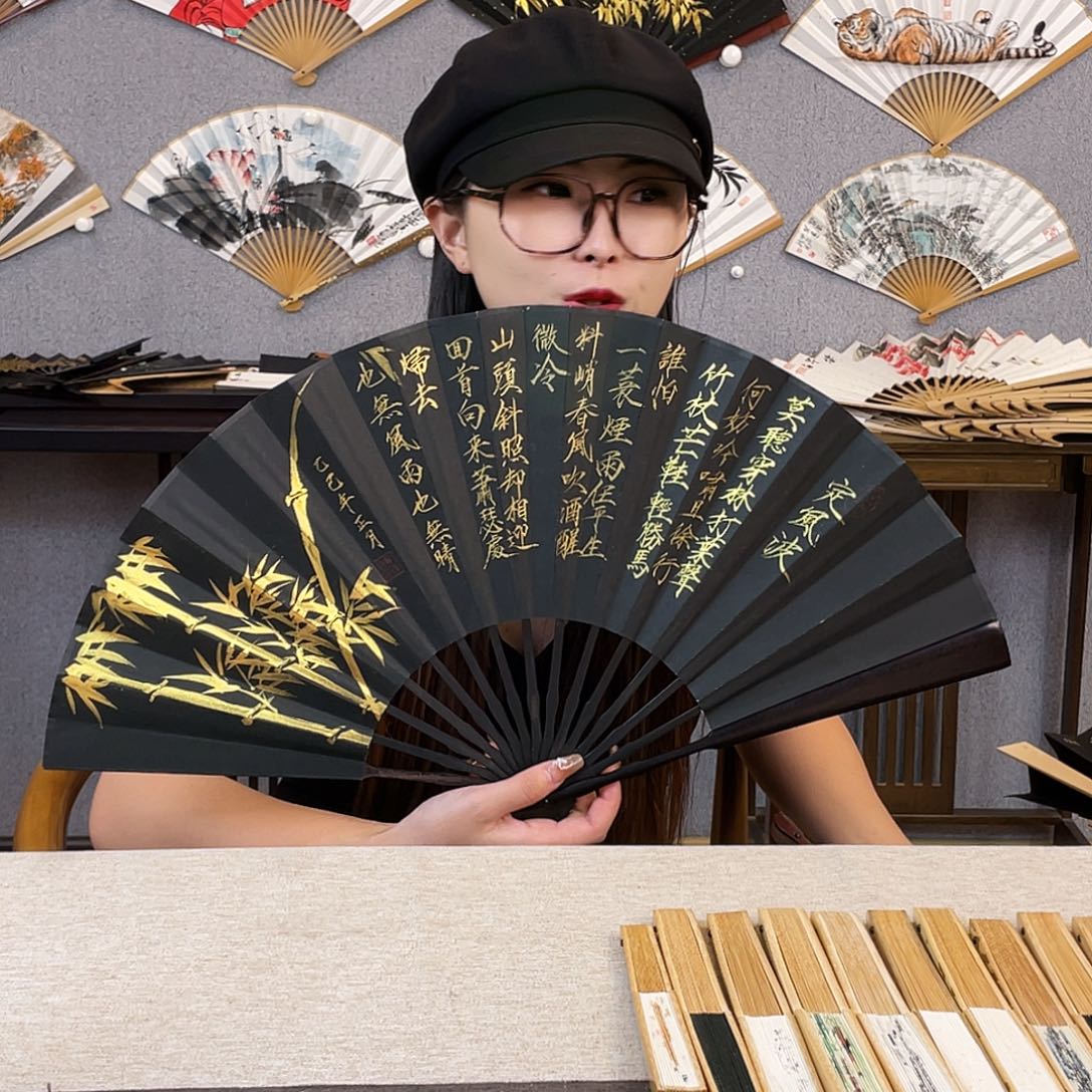 国画10寸黑檀-纯手绘-文玩扇骨（默认粘好）定风波