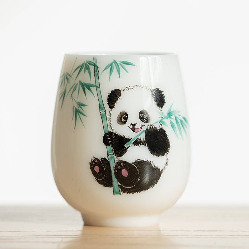 质保堂德化白瓷茶杯冰种羊脂玉瓷陶瓷手绘熊猫个人杯主人杯品茗杯