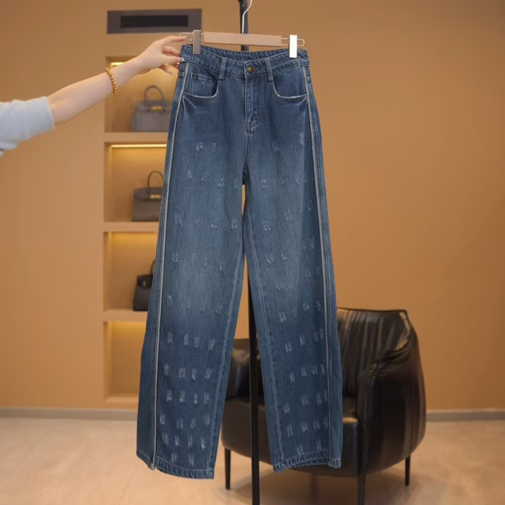【越越】时尚百搭复古做旧高腰阔腿休闲牛仔裤
