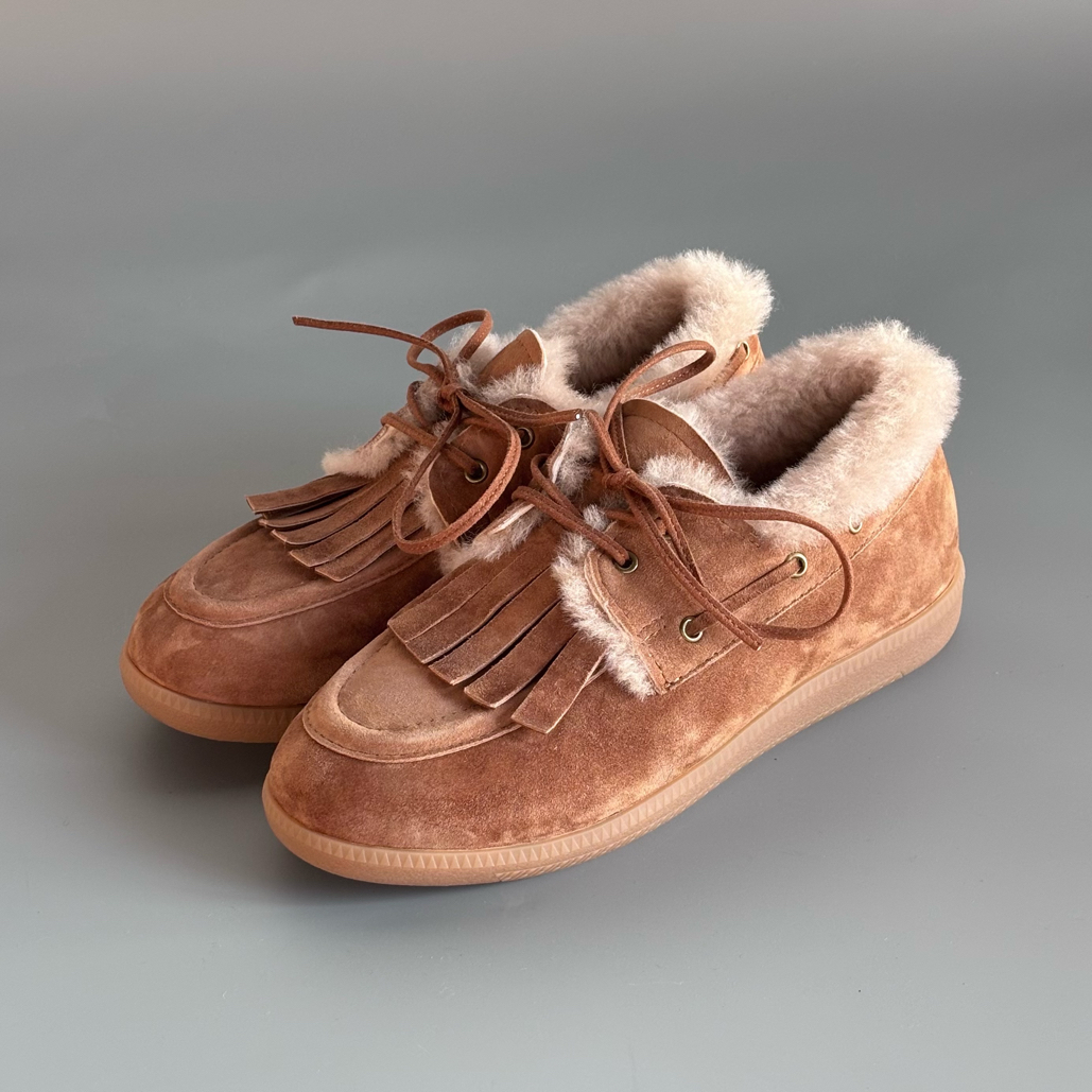 小众流苏羊反绒德训鞋羊毛一体休闲鞋女士德训百搭时尚系带冬季