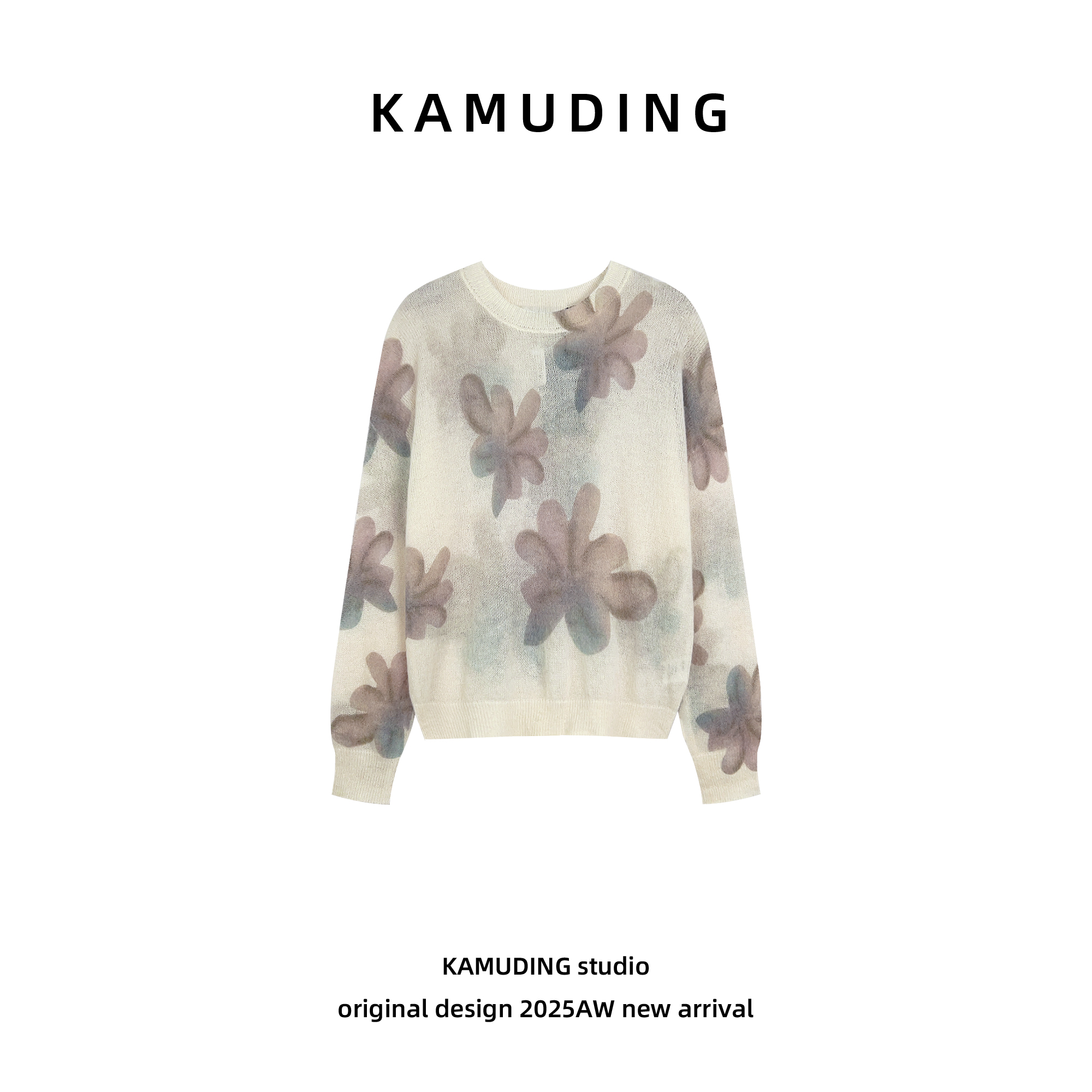 KAMUDING2025新款A67秋冬轻奢高级植物印花宽松休闲针织衫25535