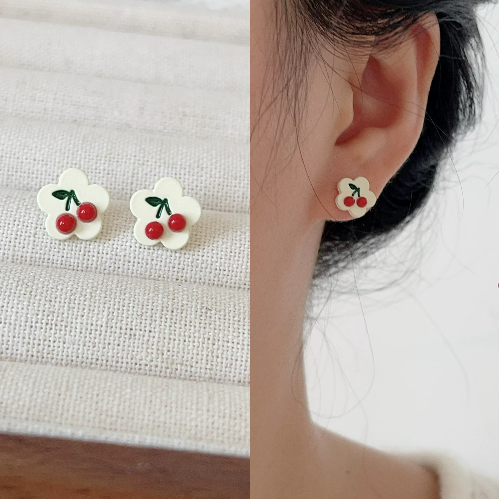 无耳洞「樱桃物语」小清新红樱桃耳饰小巧精致白色无痛蚊香盘耳夹
