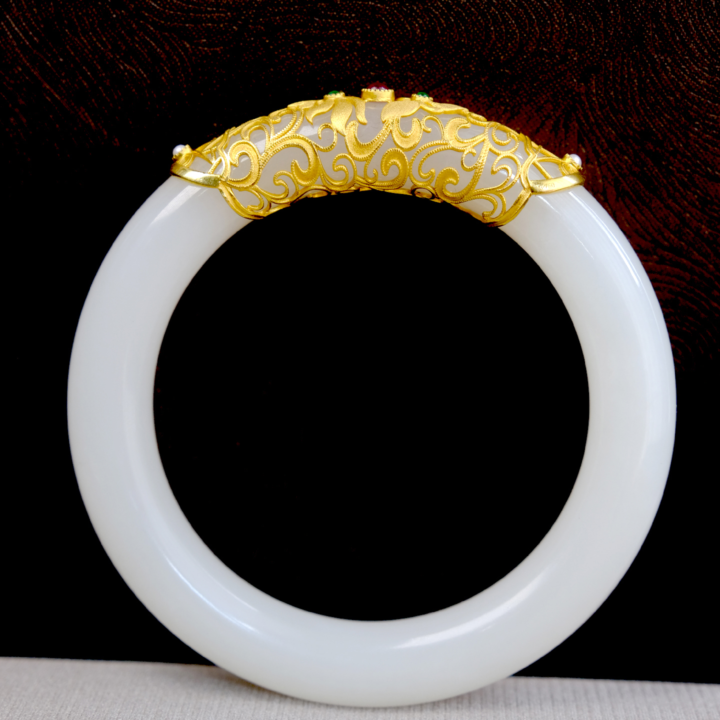 柒府天然和田玉羊脂白玉手镯18k金镶嵌镯子玉镯全品