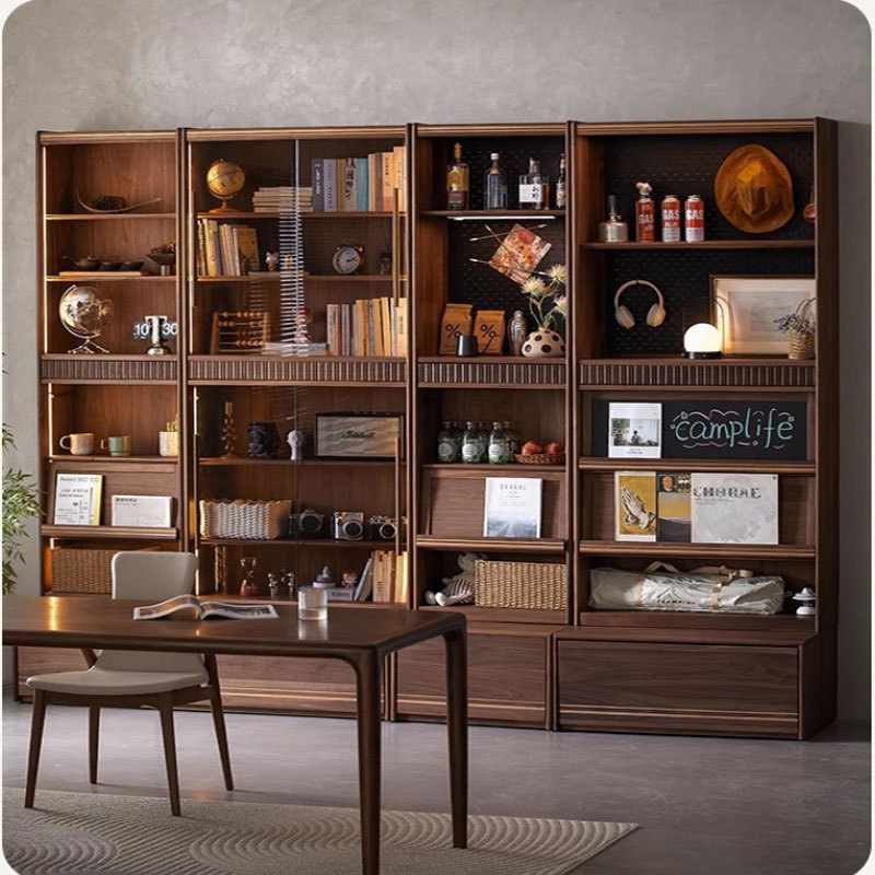 北美黑胡桃实木组合书柜玻璃满墙书架展示柜卡座客厅储物展示书柜