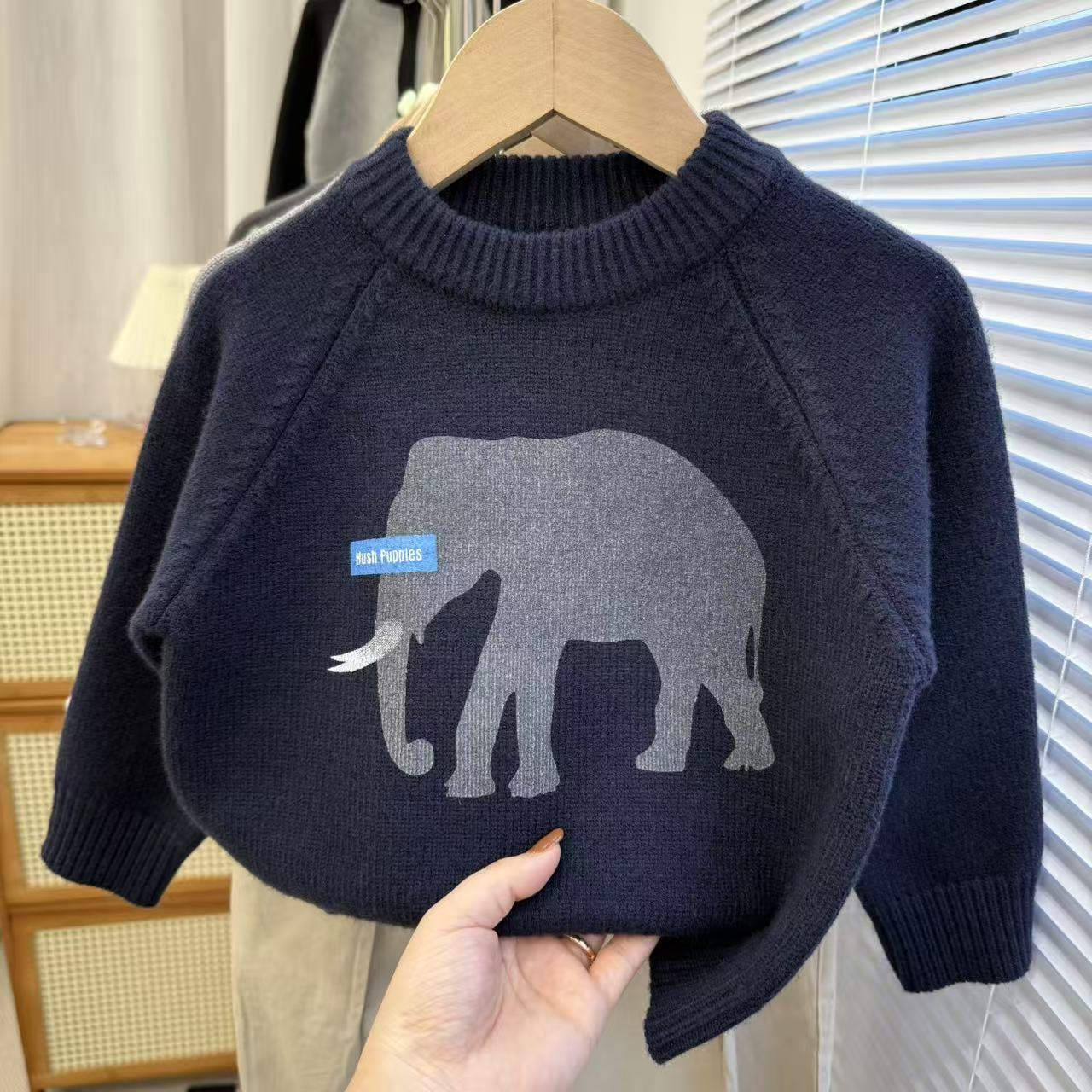 2025米秋冬新款加厚套头毛衣男女童胸前大象印花时尚套头毛衣