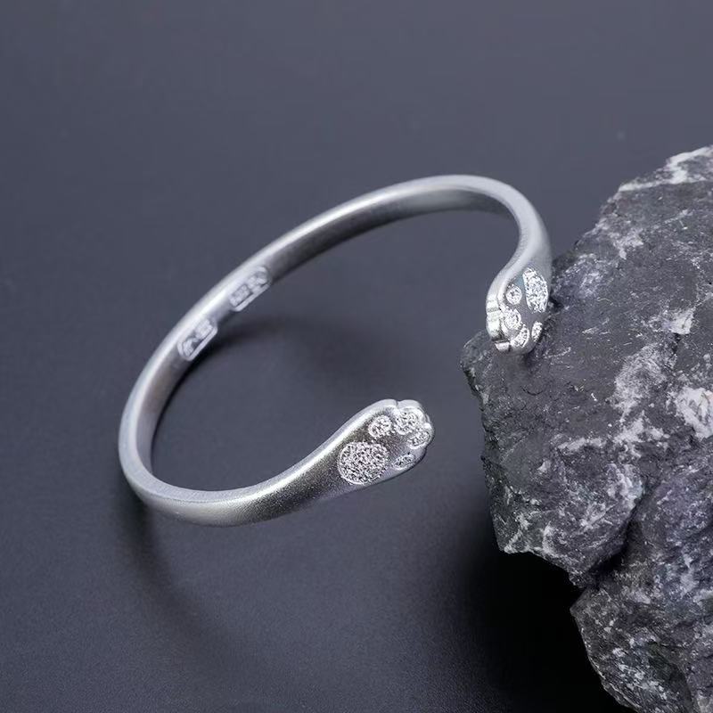 足银银制品 B19猫爪磨砂手镯开口款