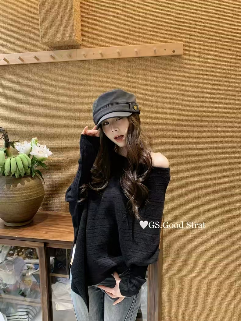 [亚米欣欣]秋季慵懒风宽松针织衫斜肩针织衫新款穿搭显瘦针织内搭