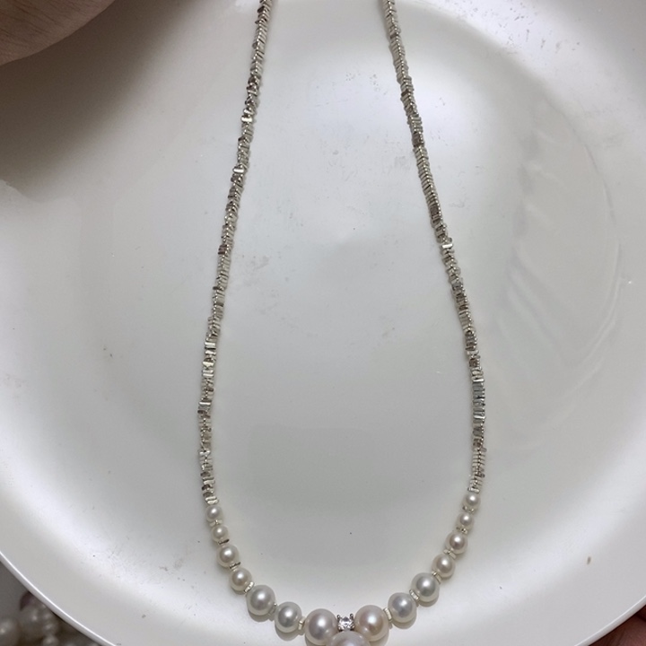 银S925镶嵌渐变碎银珍珠项链淡水珍珠