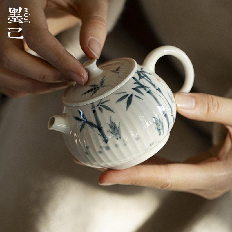 墨己草木灰斑竹枝茶壶功夫茶具陶瓷球孔过滤手执壶家用泡茶壶
