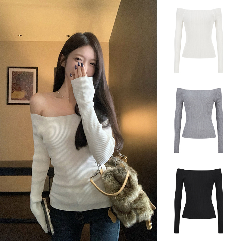 Moses Queen/魔西女王秋冬新款一字领露肩螺纹针织衫打底内搭上衣