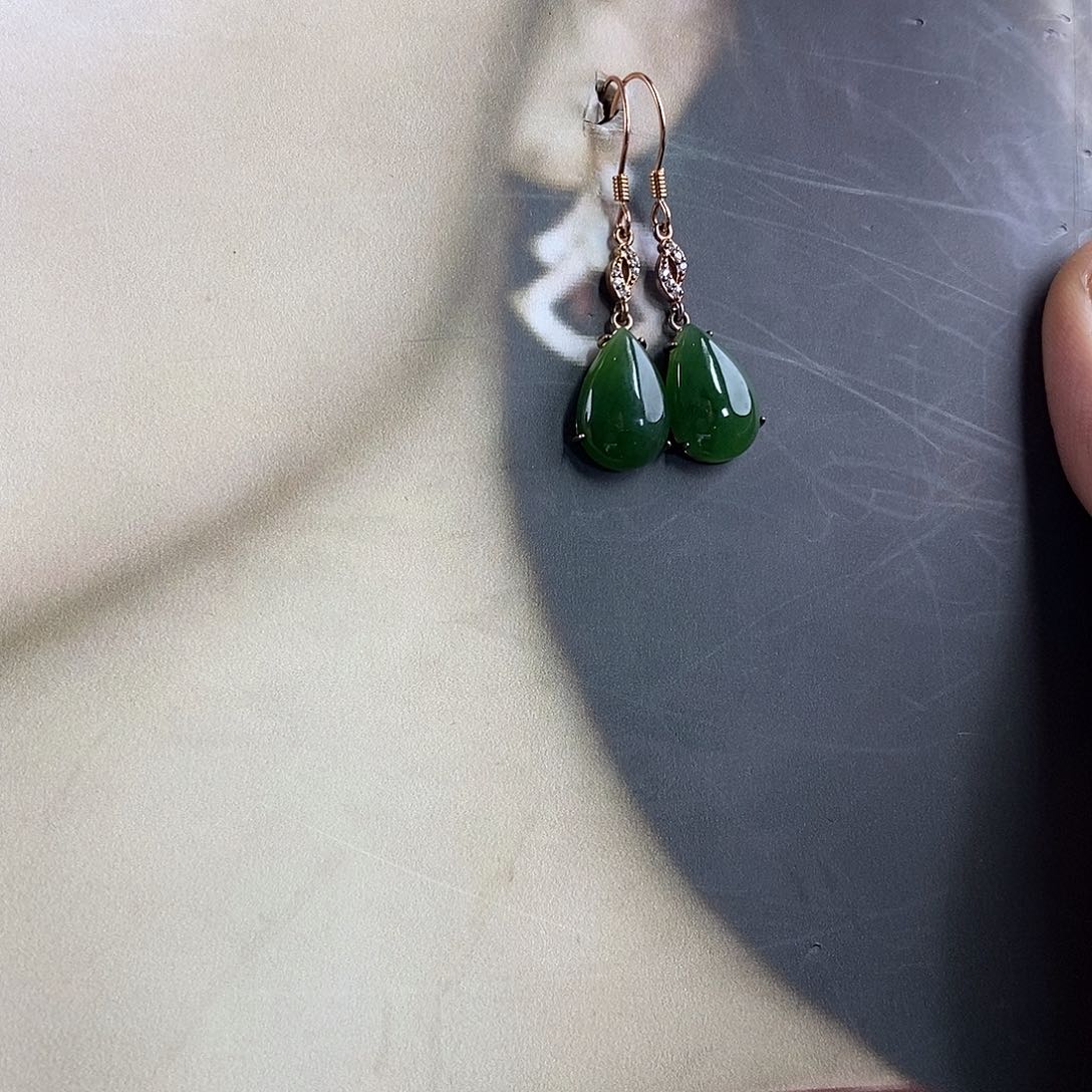 和田玉（碧玉）银S925镶嵌耳饰水滴款