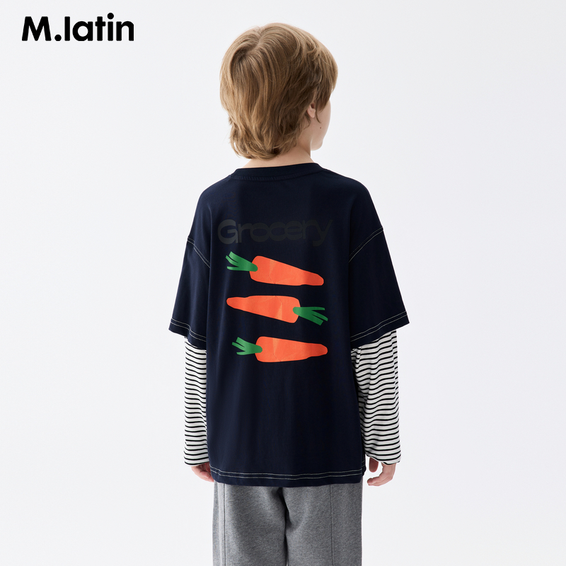 马拉丁儿童T恤秋装男童大童假两件罗纹长袖T恤