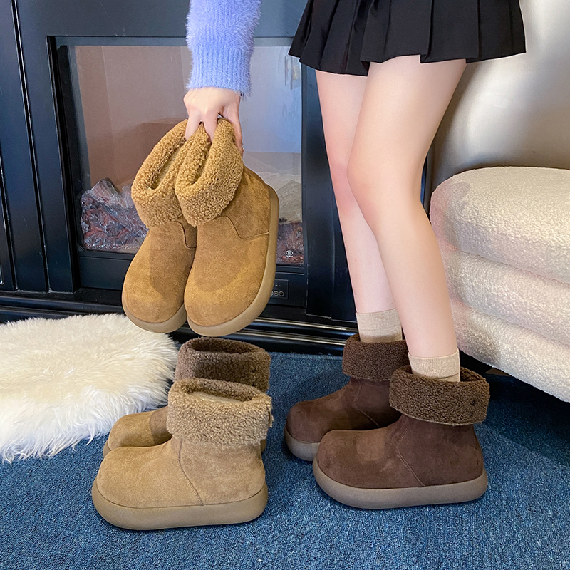 暖学长原创爆款冬日2025新款芒果头韩版加绒两穿高帮棉靴雪地靴