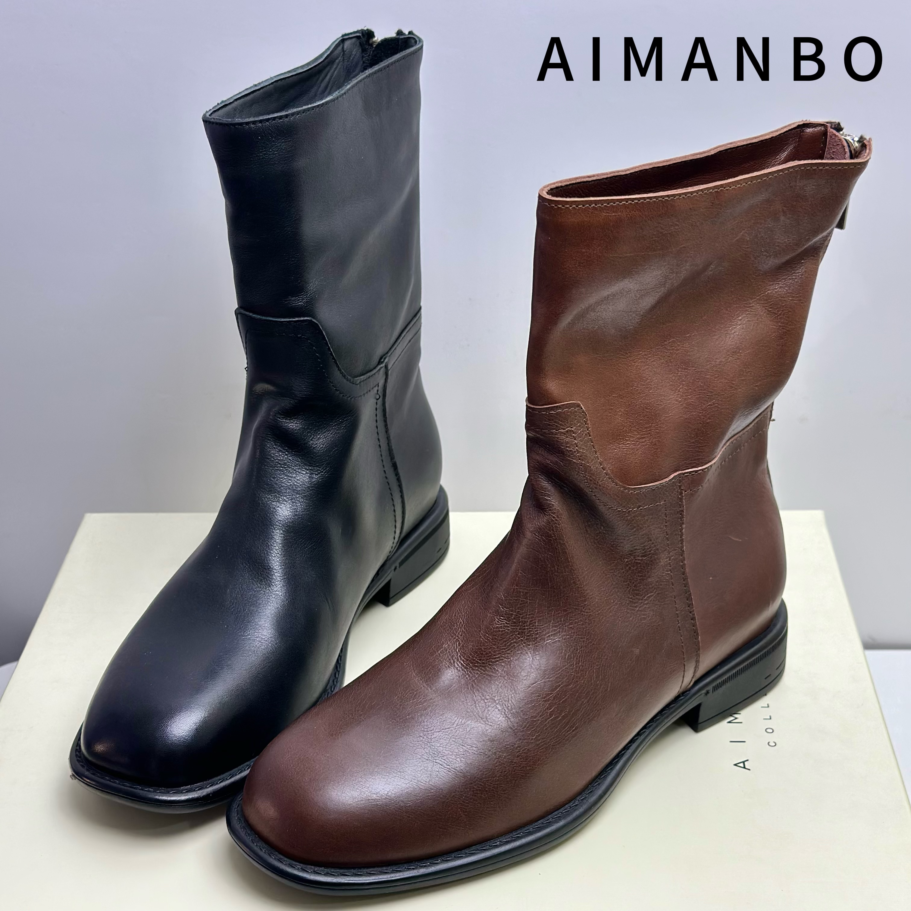 4631漫步佳人手洗牛皮复古直筒骑士靴真皮烟管靴女单靴