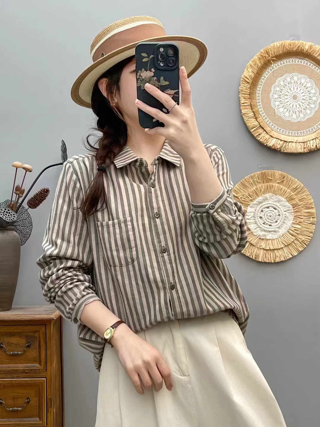 经典条纹双层棉纱长袖尖领衬衣休闲宽松舒适文艺范小众衬衫8514