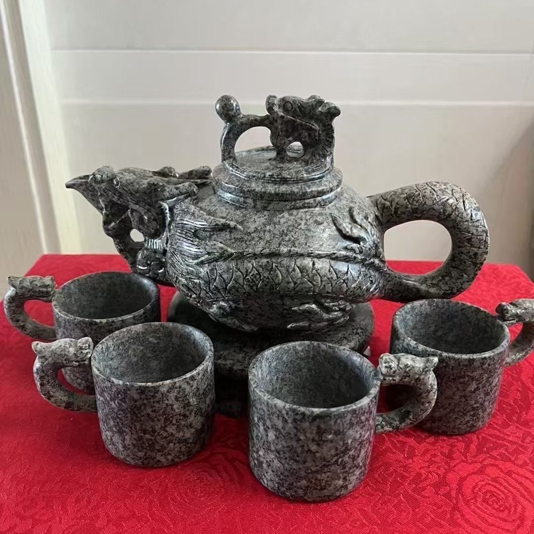 中华麦饭石一体雕刻复古陶瓷龙壶水具泡茶壶家用中式茶道茶套创意