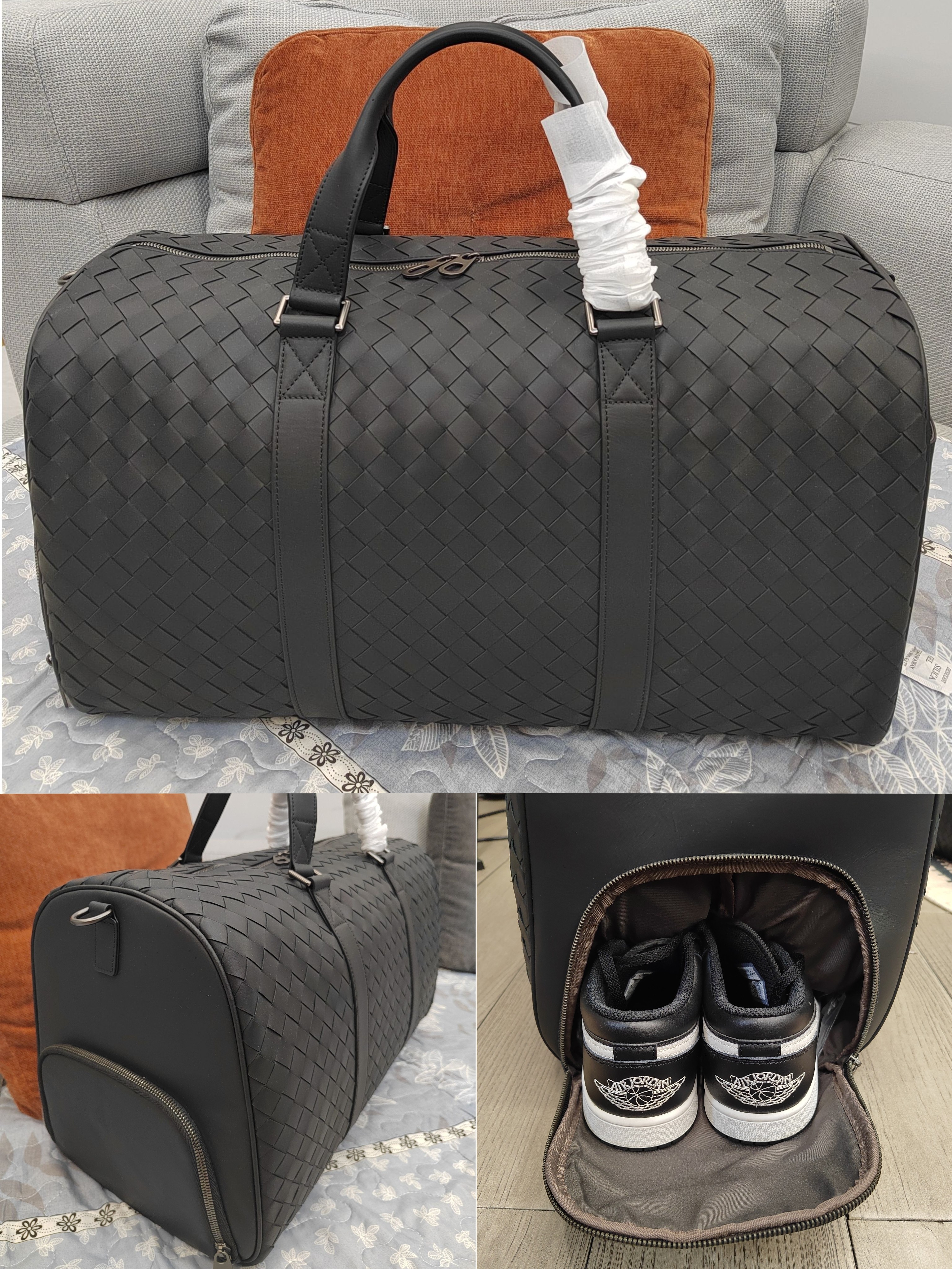 头层牛皮大容量编织旅行包经典黑色大号登机包男士长53高29厚25