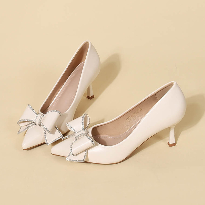 真皮裸杏色蝴蝶结尖头高跟单鞋法式主婚纱细跟伴娘婚鞋女