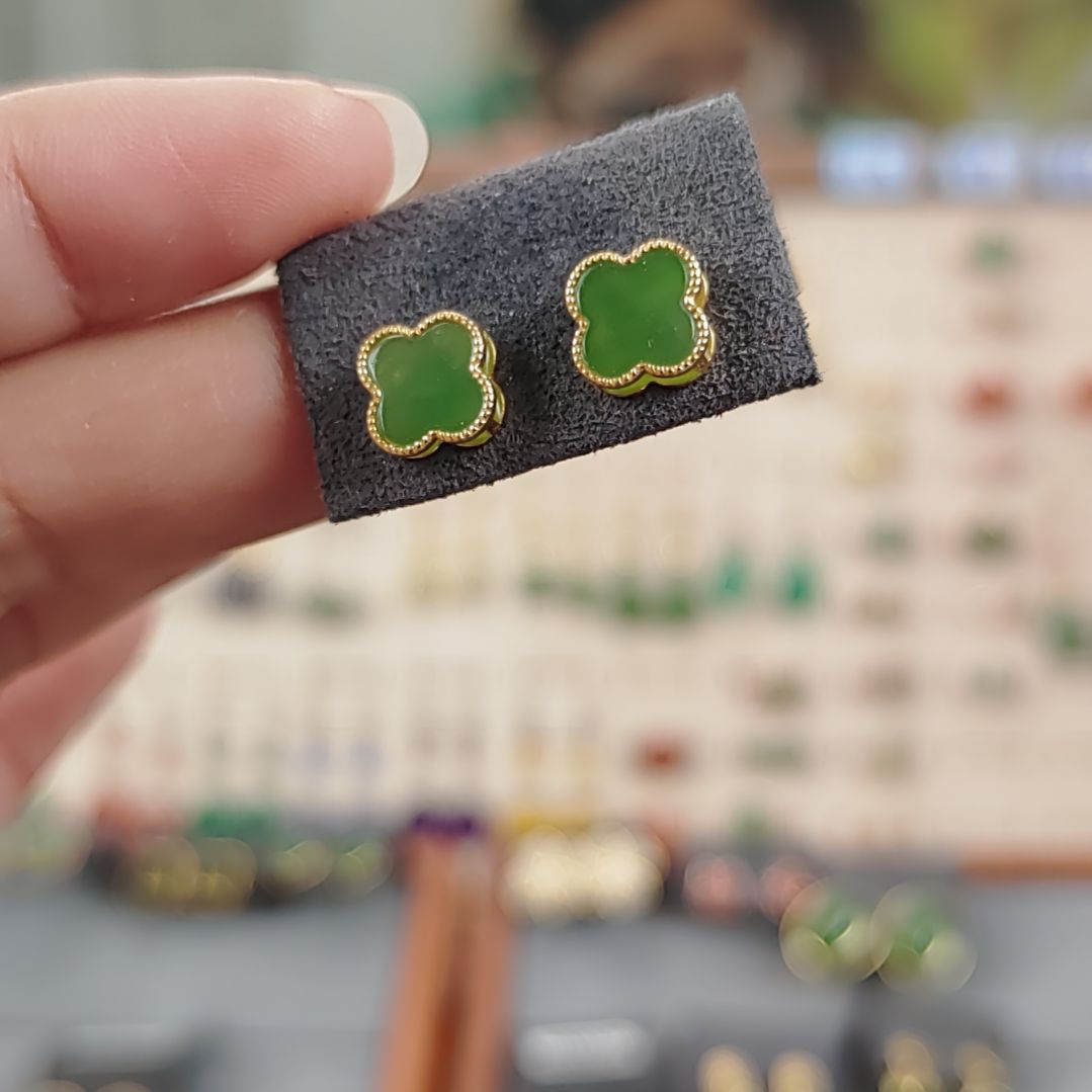 和田玉耳饰银S925镀金镶嵌耳饰