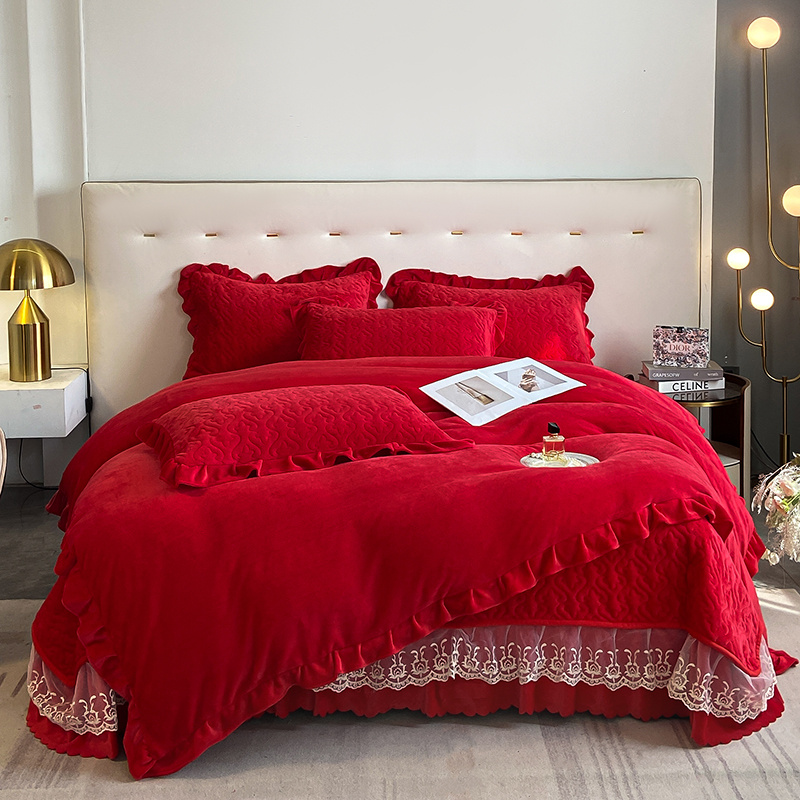 【倾城】加厚保暖韩版花边款纯色系牛奶绒夹棉床床盖款四件套防滑  