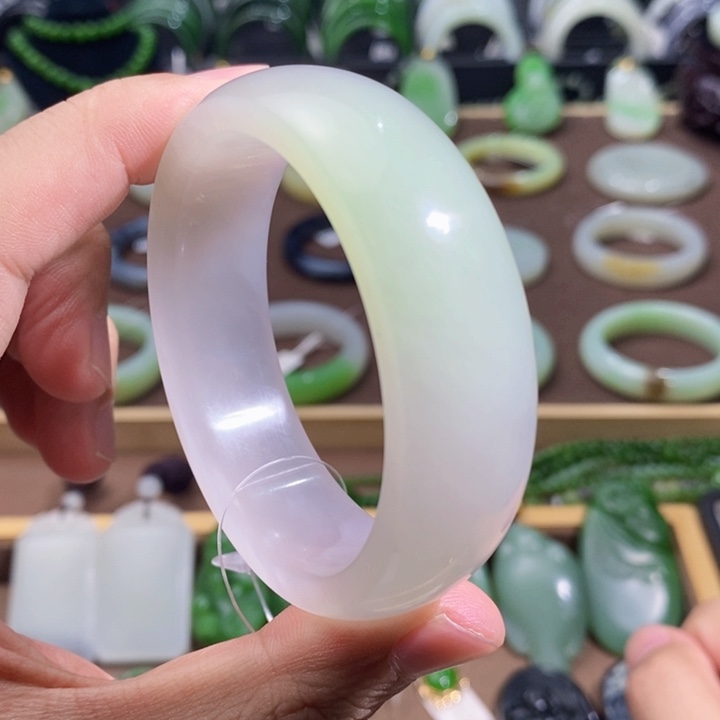 和田玉未镶嵌翠青带烟紫三色轮胎镯54圈口74.9克