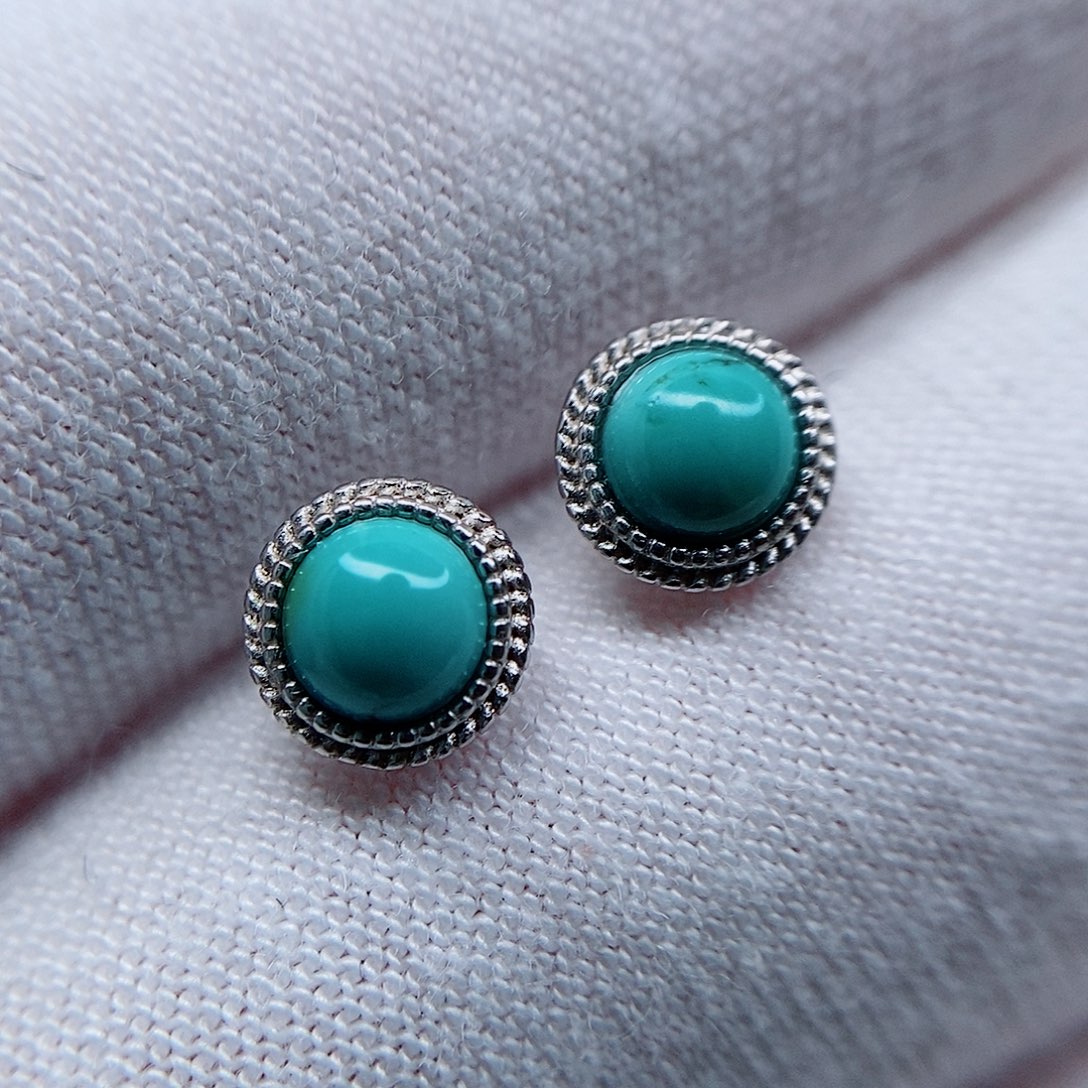 绿松石耳钉银S925镶嵌