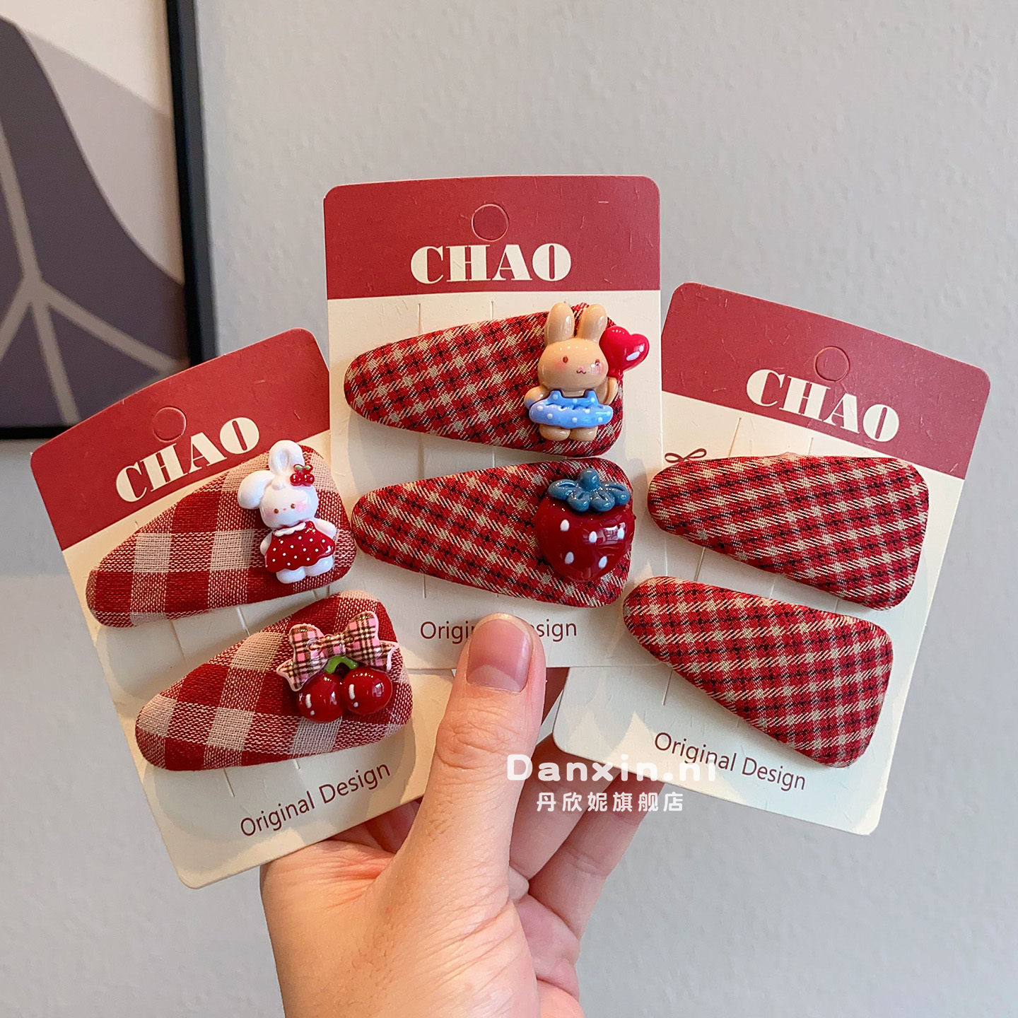 红色格纹儿童三角bb夹子可爱小兔刘海边夹女童碎发卡甜美不伤发饰