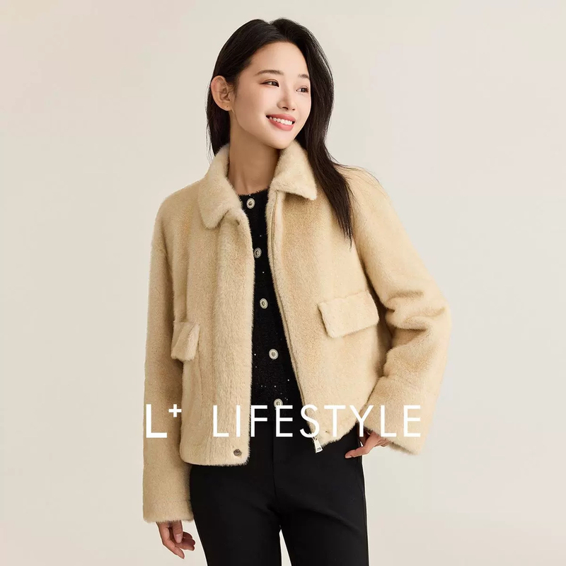 人造皮草 【谷邦L+lifestyle】环保貂翻领短款外套 L3464330