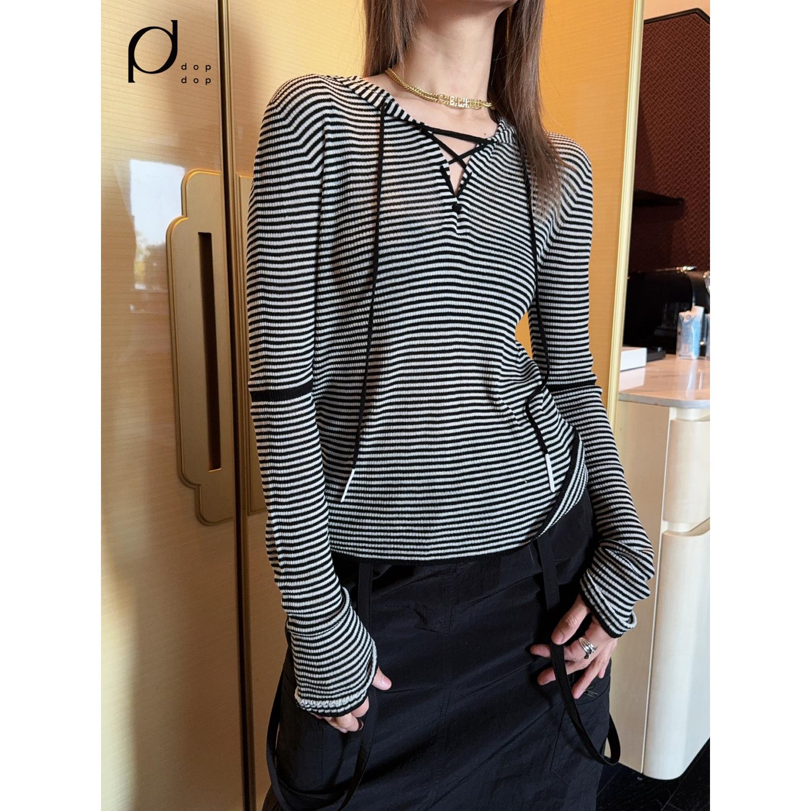 VVNK JANE PLUS2025春V领系带条纹连帽打底衫1180dopdop买手店