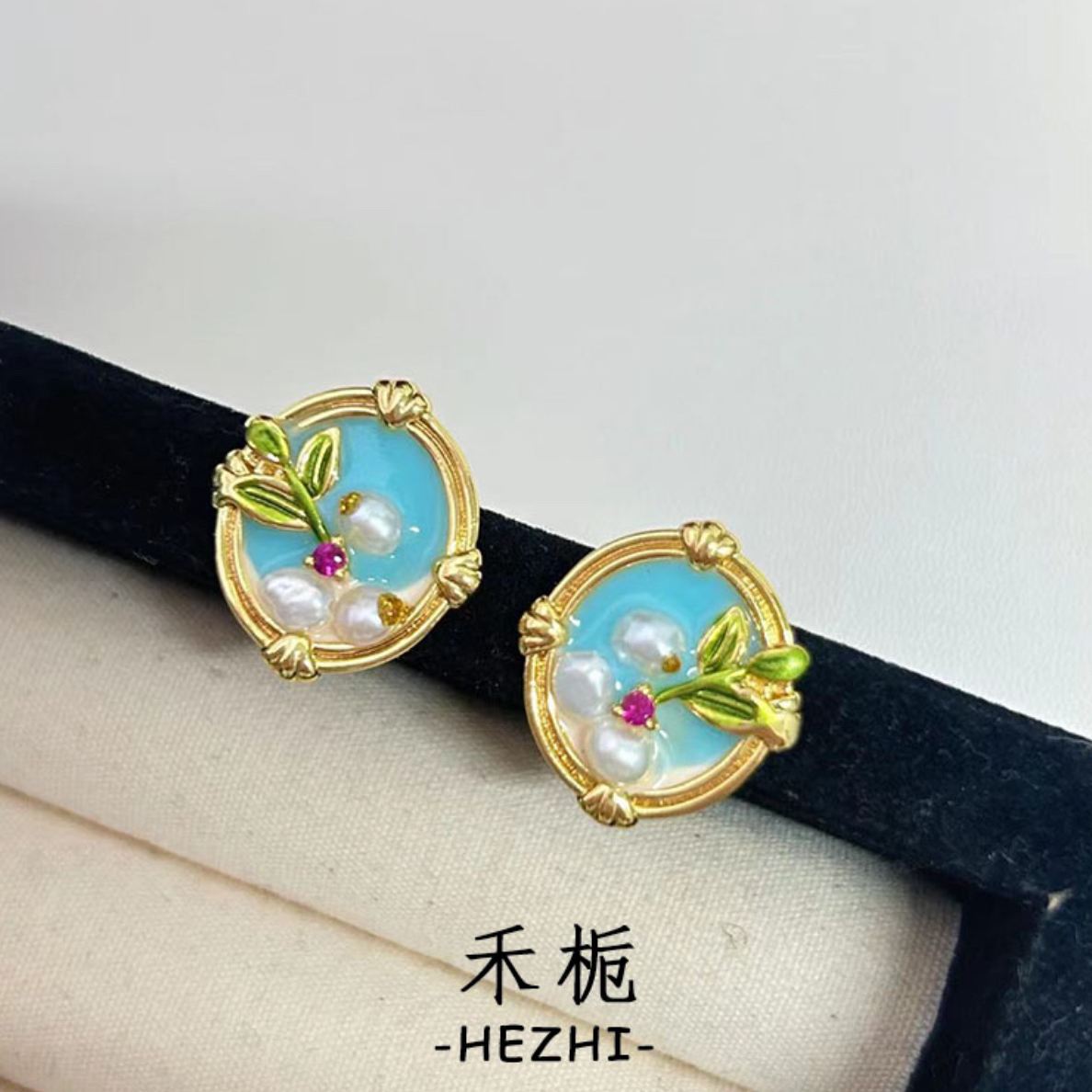 铜合金合成锆石耳饰 极简风时尚彩色浅宫廷古风耳饰国风耳钉复古