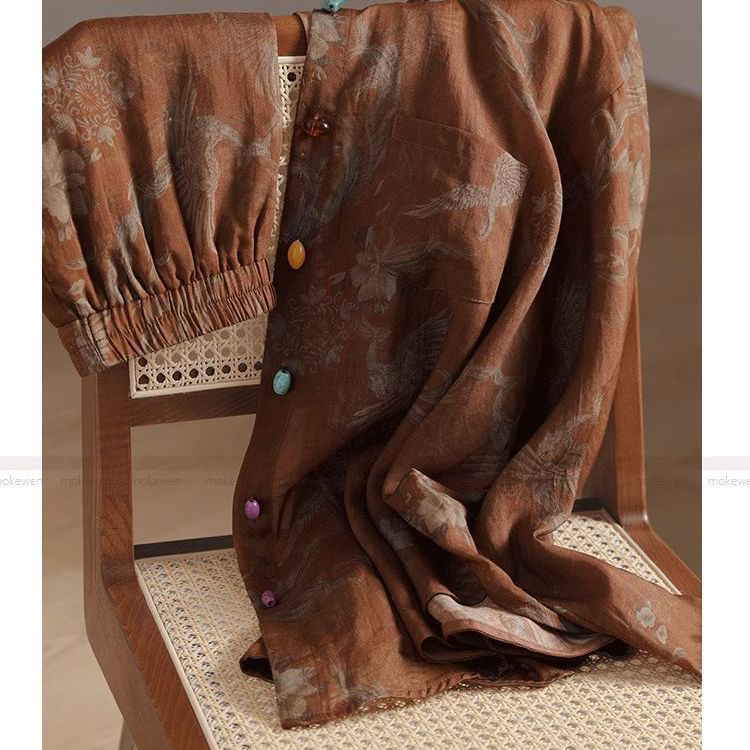 春季新款苎麻咖色印花长袖衬衫搭配短裤时髦洋气女装套装