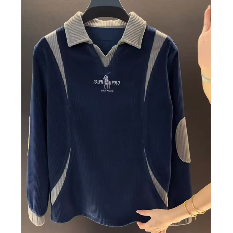 春秋男轻奢感骑马标灯芯绒翻领卫衣长袖T恤外穿上衣打底衫外套