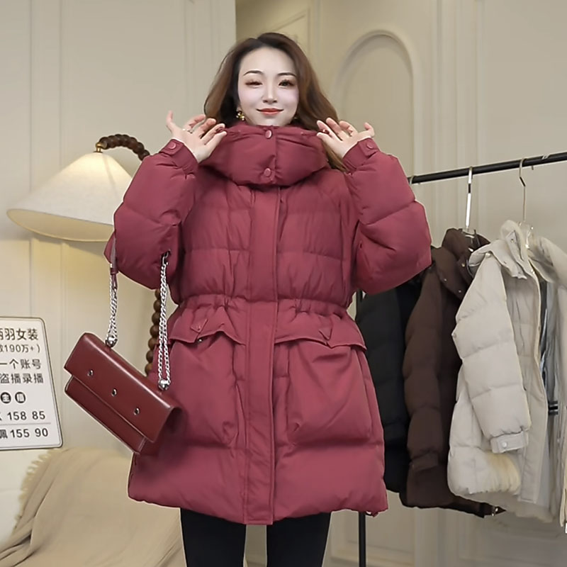 中长款韩版收腰三角标连帽外套羽绒服宽松加厚百搭显瘦外套冬