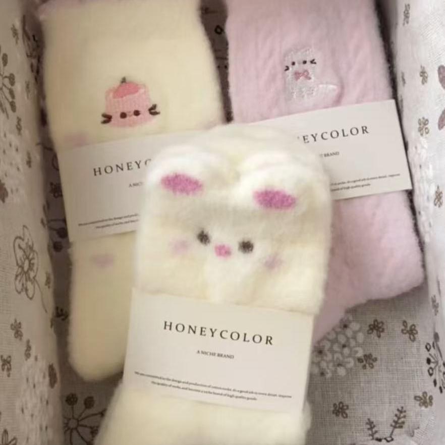 【五双】粉紫色猫咪仿貂绒袜女秋冬加厚可爱提花中筒袜保暖睡眠袜yw