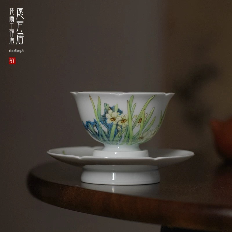 景德镇手绘陶瓷茶杯仿宋制珐琅彩水仙愿芳居原创匠人手工茶具
