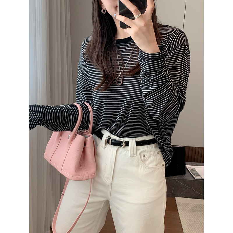 慵懒风条纹圆领长袖春夏薄款基础打底显瘦百搭撞色条纹【复古条纹】