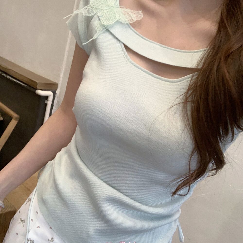 ｛有运费补贴｝小清新chic甜美蝴蝶短袖针织衫女夏季新款别致小上衣
