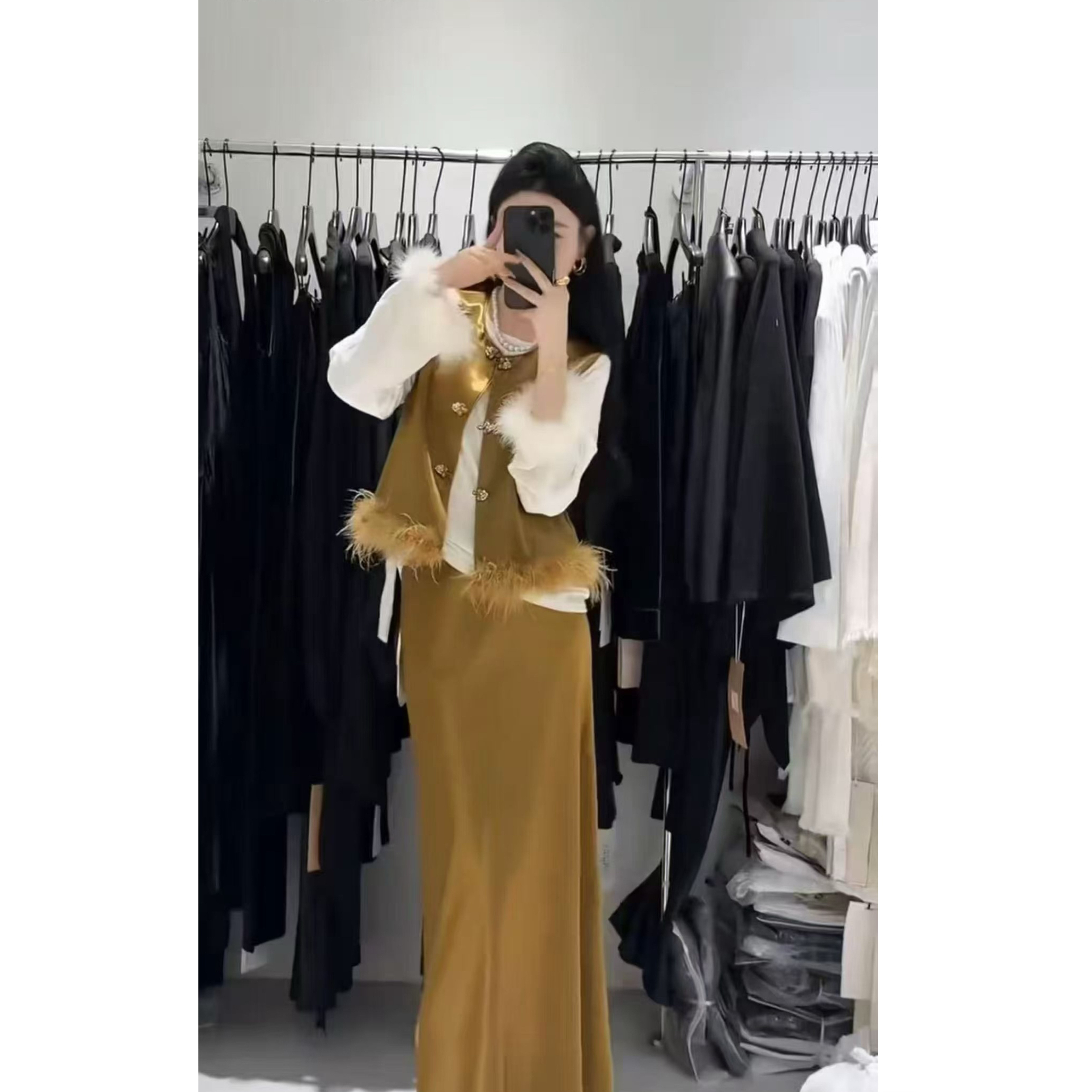 新中式国风羽毛流苏拼接上衣马甲半裙三件套